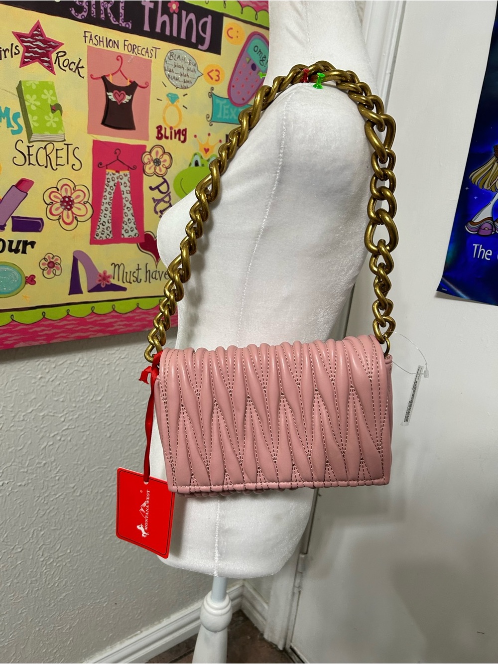 Montana West Pink Quilted Shoulder Bag with Gold Chain